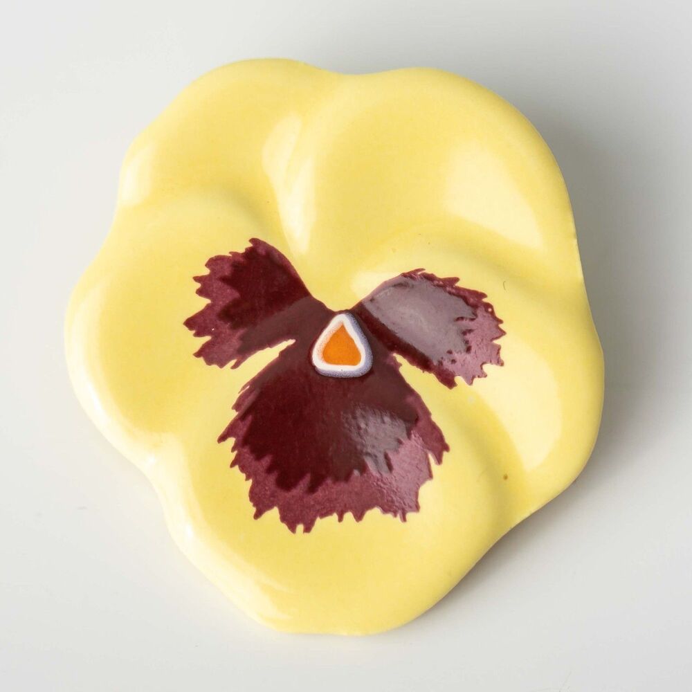 Vintage Avon Yellow Pansy Flower Brooch Pin Burgundy Ceramic Floral Signed